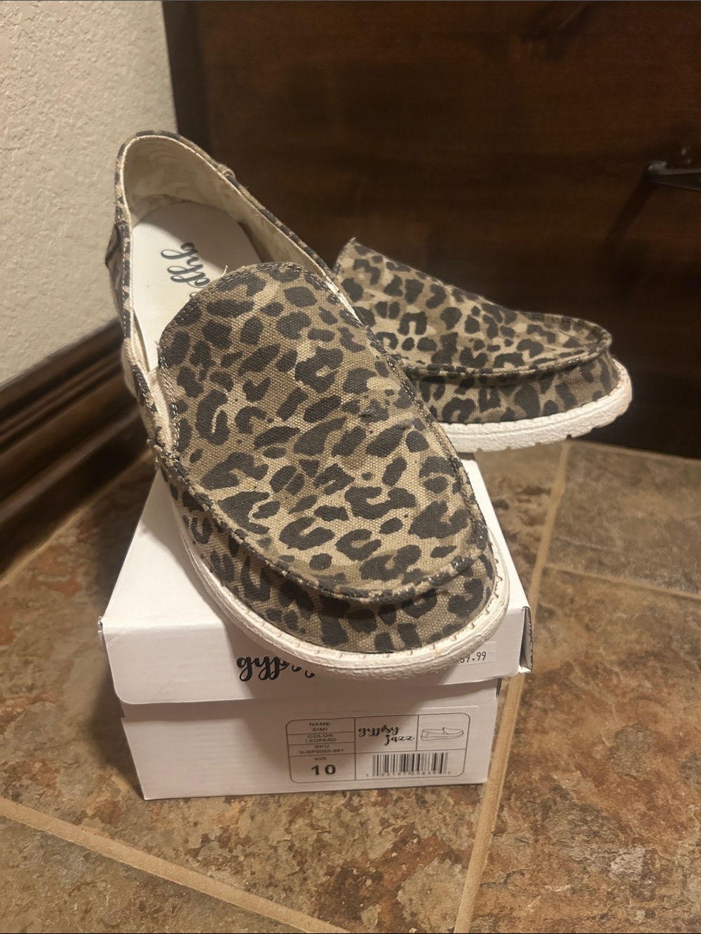 Gypsy Jazz Leopard Print Slip-On Moccasins in Tan and Black